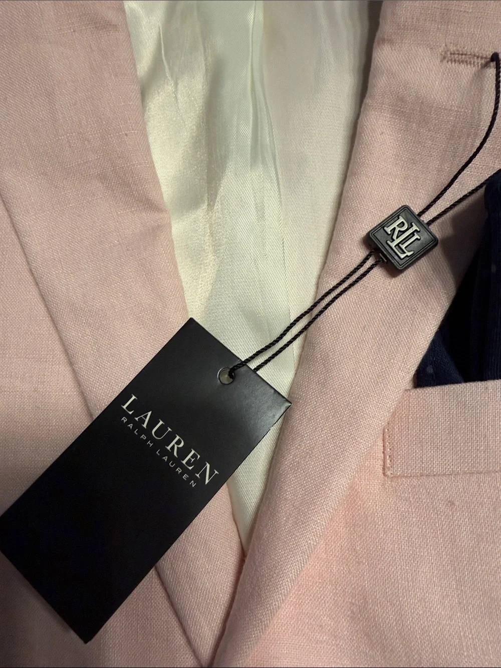 Ralph Lauren Light Pink Linen Sport Coat with Navy Pocket Square